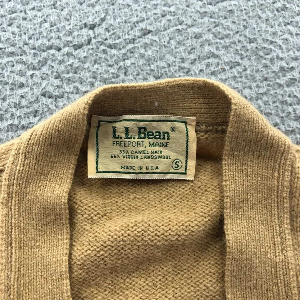 VTG LL Bean Sweater Vest Men Small Virgin Wool Camel Leather Button Cardigan USA